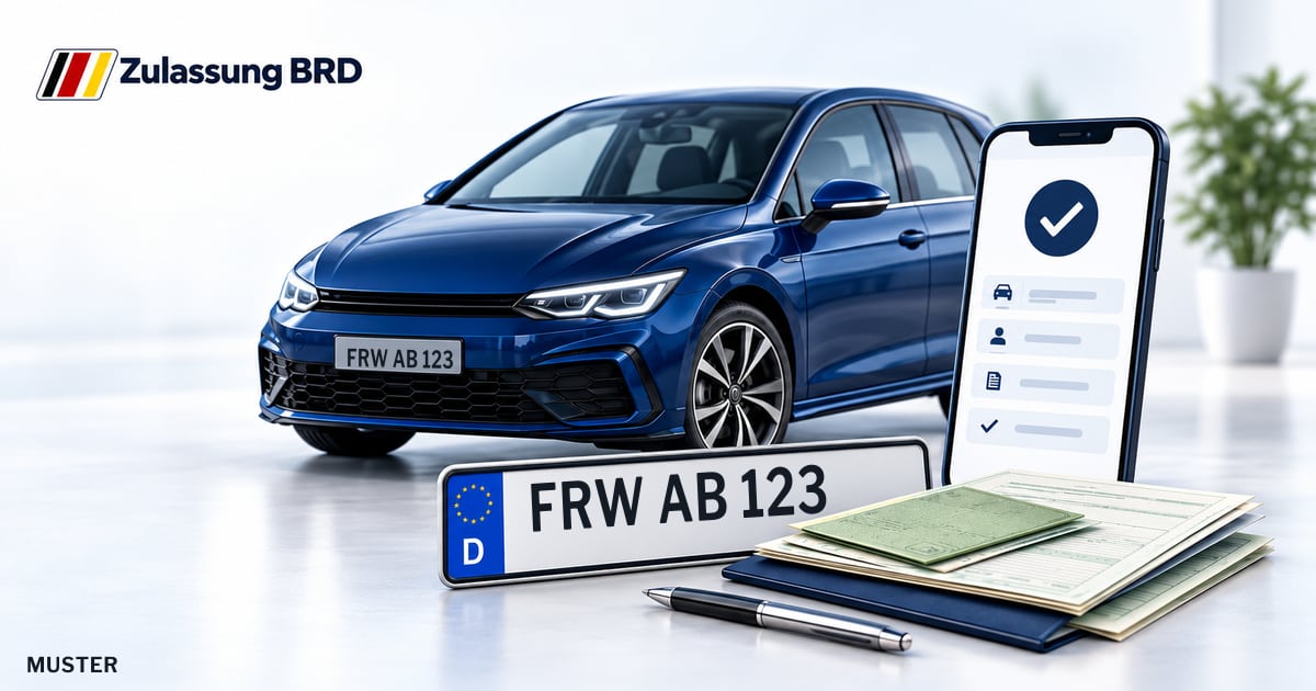 Online Fahrzeugzulassung in Strausberg: Musterkennzeichen FRW AB 123, Auto und Fahrzeugpapiere und Smartphone. Illustration mit Logo von Zulassung BRD.